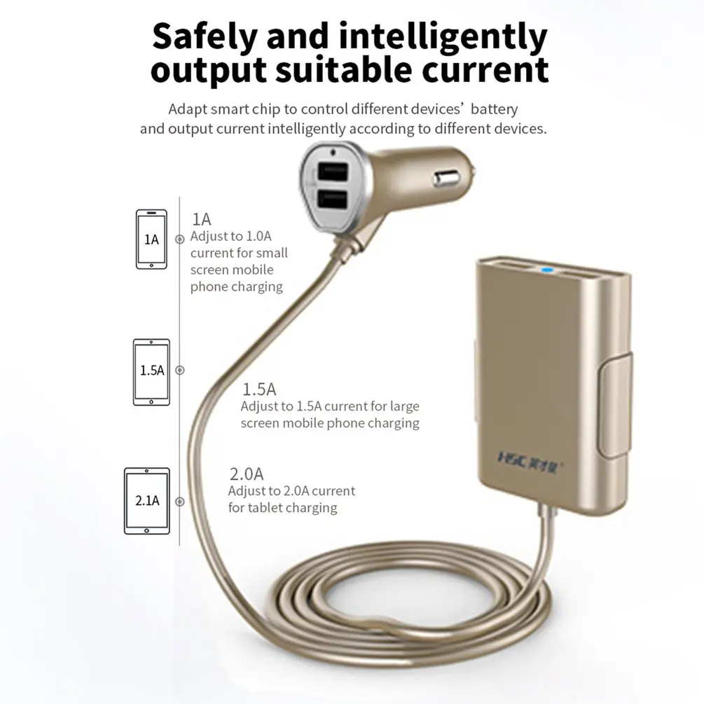

HSC-600 Original 4.8A 4 Port USB Extension Cable Car Charger Universal Car Front And Rear Seat Charger All Compatible