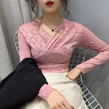 

2020 New Spring European Clothes Sexy Drape V-Neck Lace T-shirt Women Tops Long Sleeve Ropa Mujer Bottoming Shirt Tees T02209