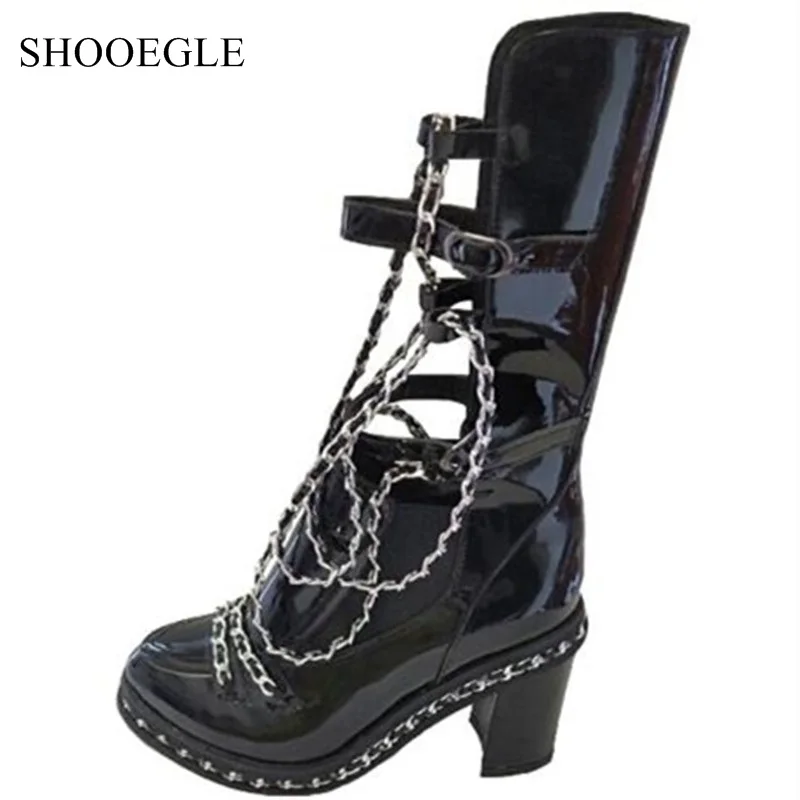 Botas Mujer/женские ботинки Осень-зима ботинки на высоком каблуке с круглым носком и цепочкой сандалии на блочном каблуке обувь Martin