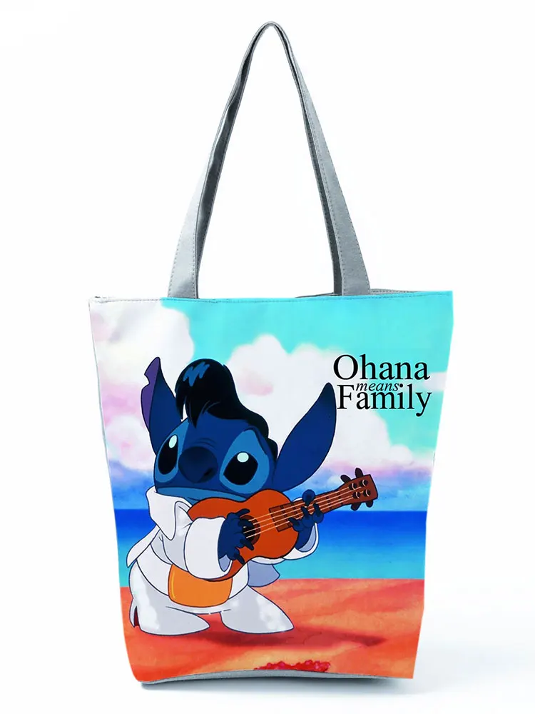 Disney Lilo Stitch Cute Cartoon Printed Handbag High Capacity Eco Reusable Shoppaing Bag Blue Starry Sky Travel Beach Tote Bag 