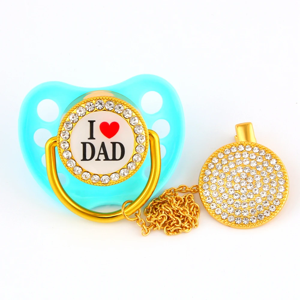 Mint Green Beautiful Luxury Bling Pacifiers With Chains BPA Free I Love Mum Dad Dummy Bling