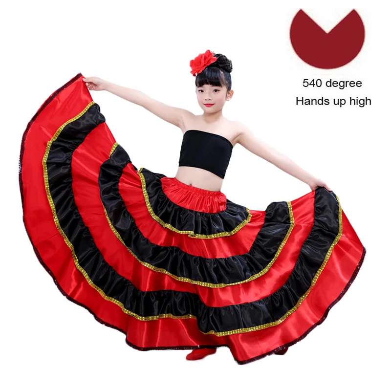 Испанские танцевальные костюмы для девочек, детская красная юбка для Фламенго, одежда для карнавала, фестиваля, сцены, атласное гладкое платье - Цвет: Color3 540degree