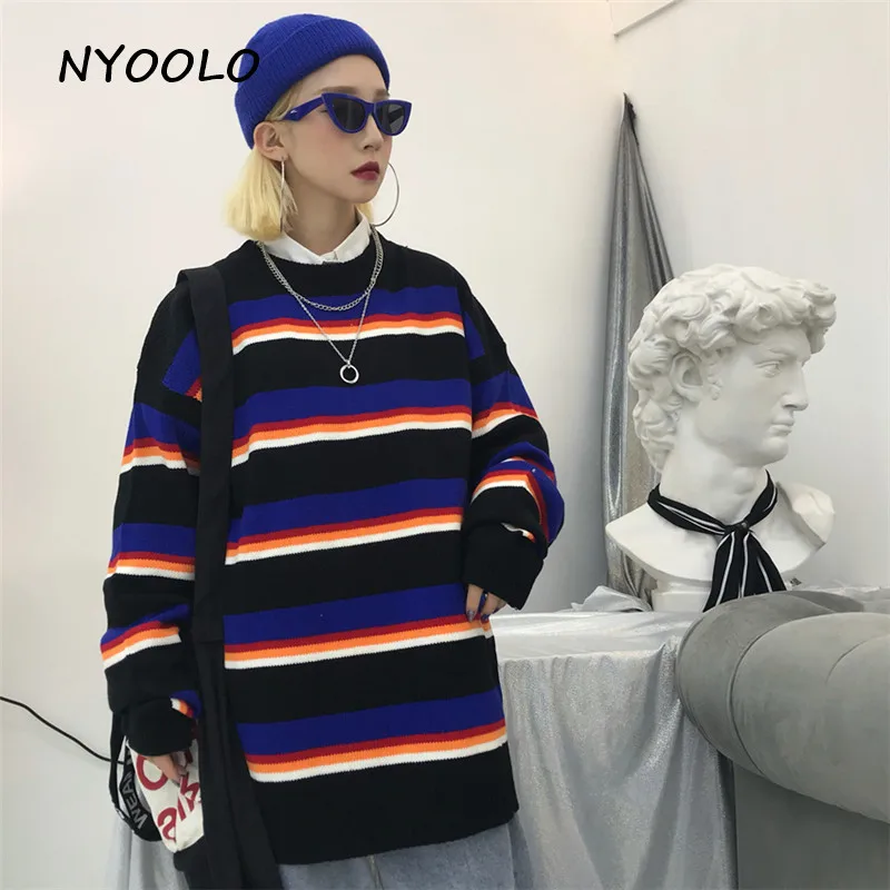 NYOOLO Harajuku стильные полосатые свободные вязаные свитера, осенняя уличная одежда с длинным рукавом и круглым вырезом, пуловеры, свитера для женщин и мужчин, тканевый Топ