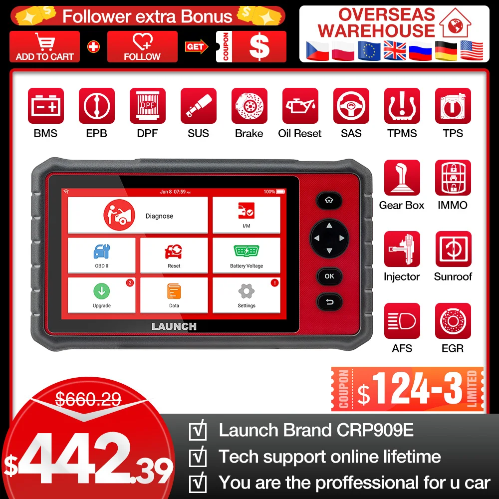 LAUNCH X431 CRP909E OBD2 Diagnostic Tool CRP909 E OBDII Code Reader Full System Car Scanner Has IMMO/Intector Coding PK MK808