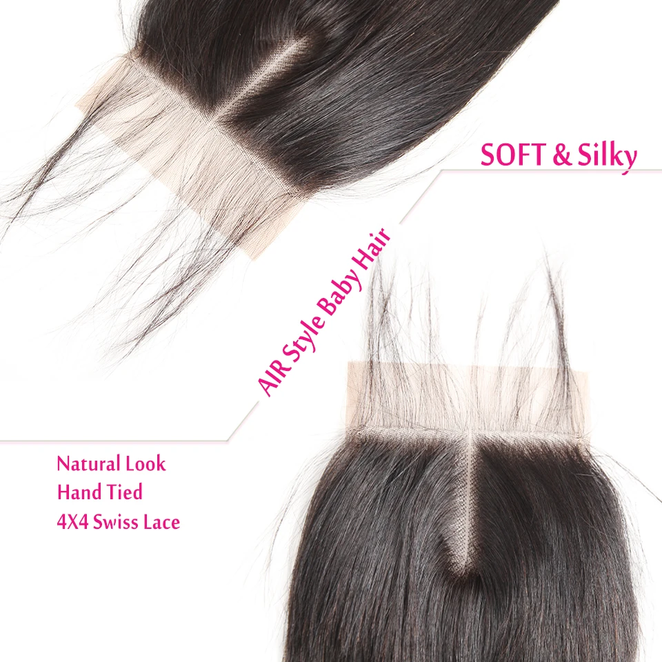 Перуанские прямые волосы, пряди с закрытием, Детские волосы, натуральный цвет, человеческие волосы, пряди с закрытием, 3 пряди с закрытием