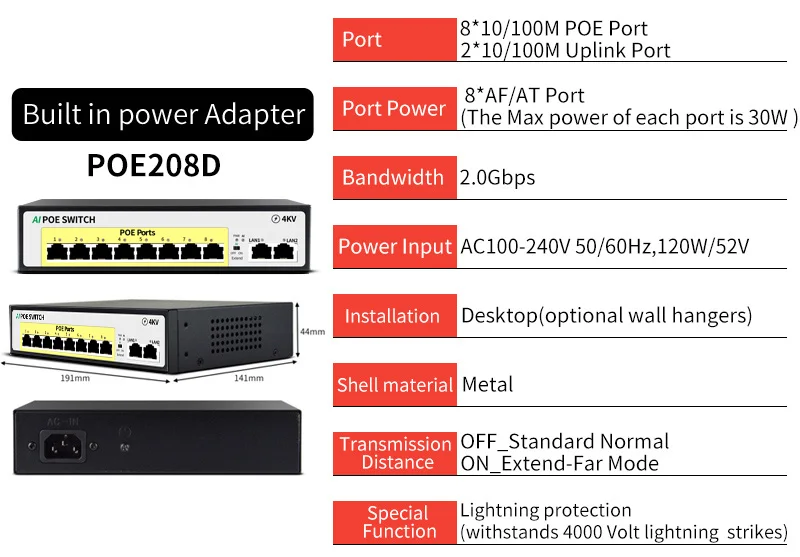 SZSSCEE Gigabit 10 port Poe Switch support Ieee802.3af/at Ip cameras and Wireless AP 10/100/1000Mbps standard network switch