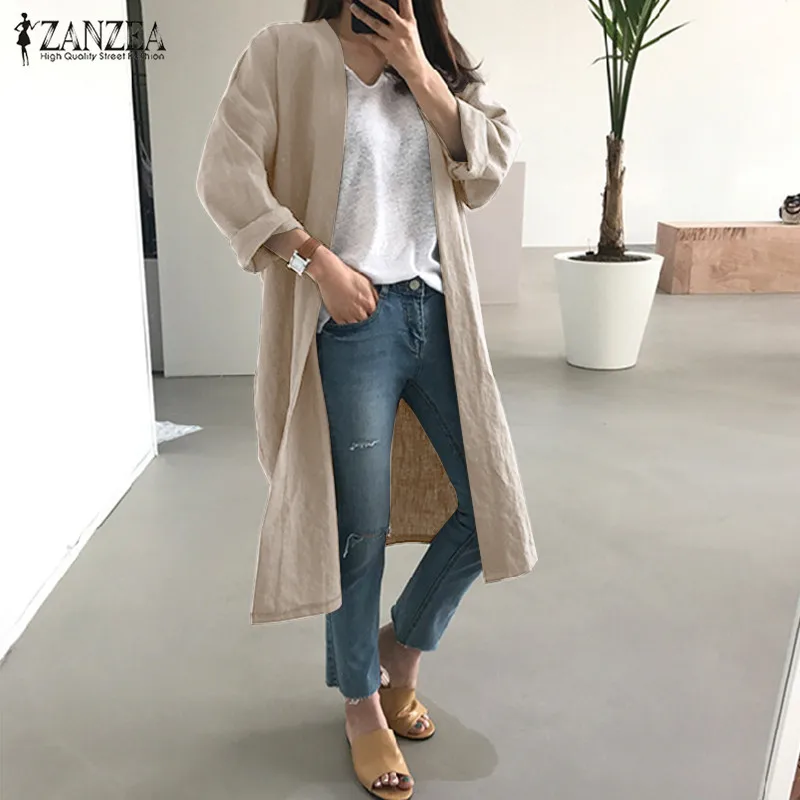 

Fashion ZANZEA Autumn Long Sleeve Cotton Linen Coats Women Open Front Long Jackets Solid Outwear S-5XL Female Work OL Cardigan