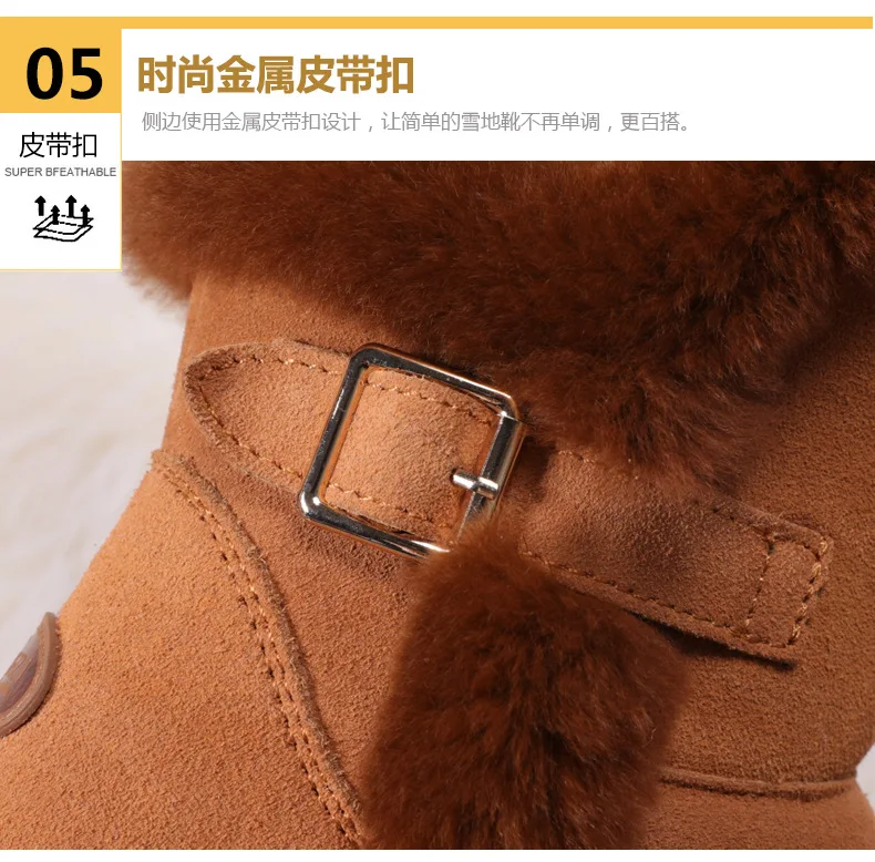 Classic Genuine Cowhide Leather Snow Boots Wool Women Boots Rabbit Hair Buckle Warm Winter Shoes for Women Large Size