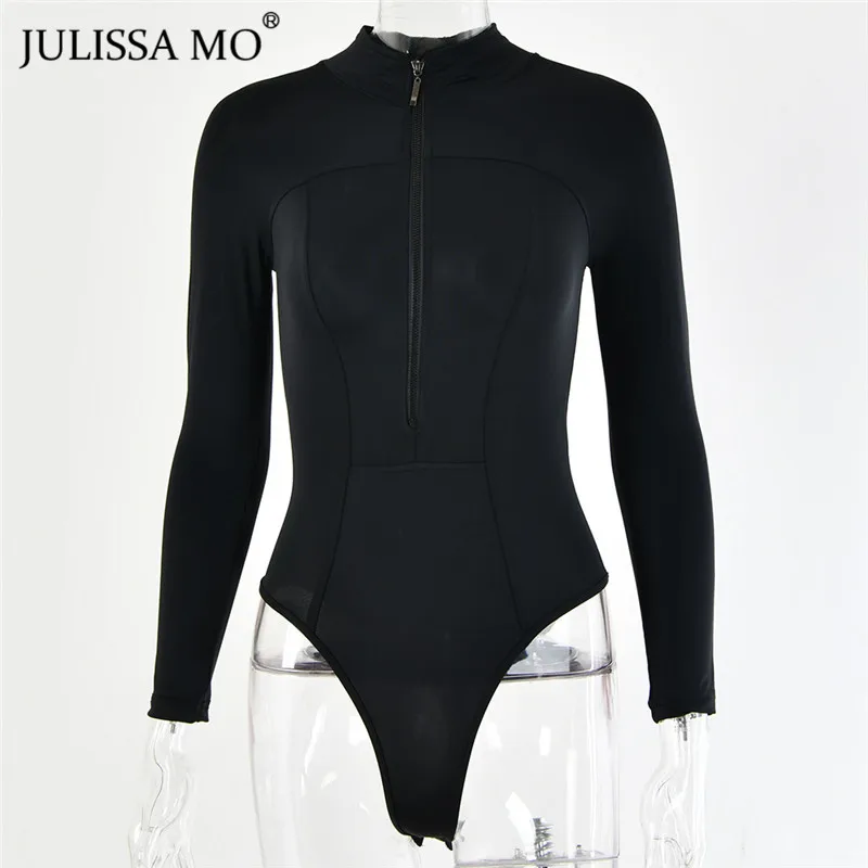 Julissa mo, черный облегающий боди с длинным рукавом, женские топы, модные базовые облегающие Комбинезоны на молнии,, Женский Повседневный эластичный комбинезон