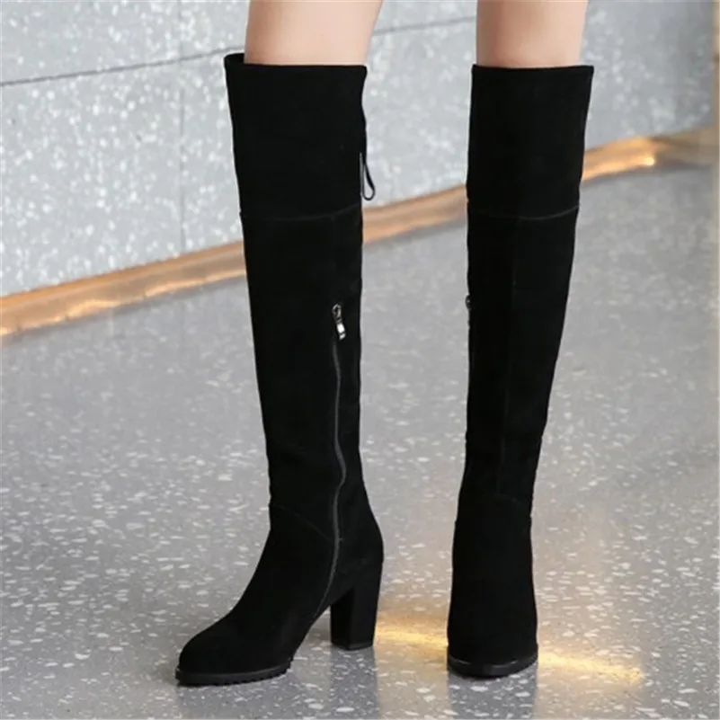 FEDONAS/черные Брендовые женские Сапоги выше колена из натуральной кожи; зимняя женская обувь на высоком каблуке с молнией; большие размеры