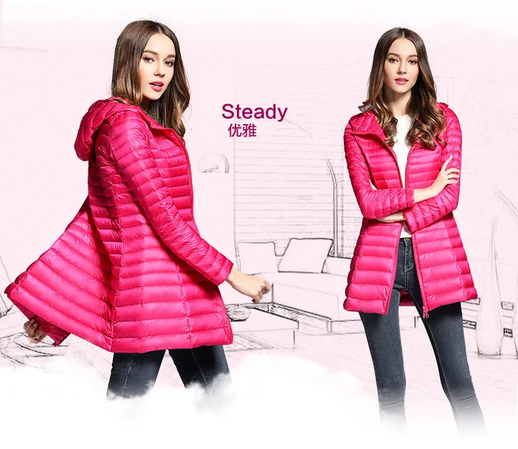 Rose Red Зимняя женская куртка размера плюс 5XL 6XL с капюшоном, пуховики средней длины, Сверхлегкий пуховик с капюшоном, длинная куртка, осенняя верхняя одежда, парки - Цвет: Rose Red