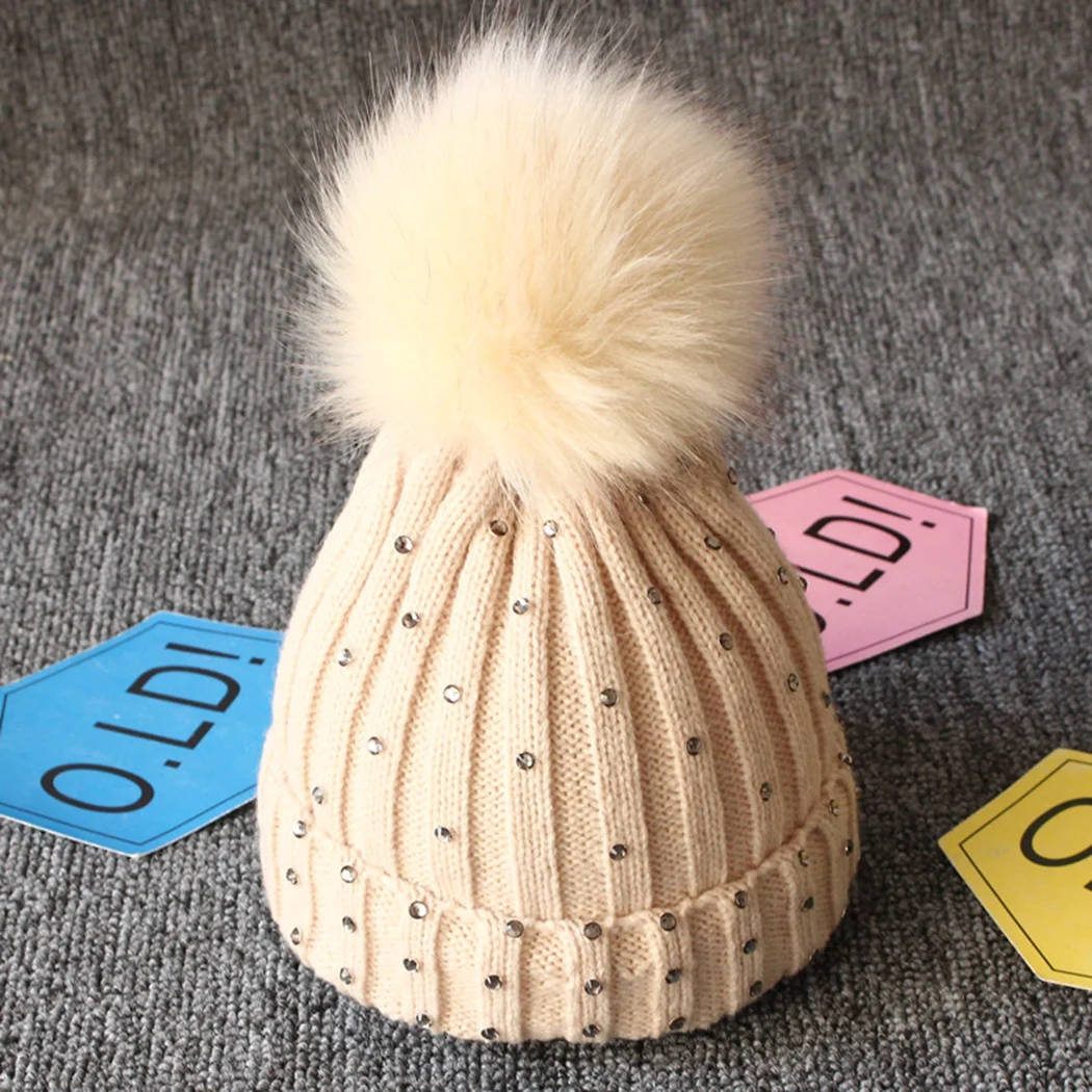 

Cute Rhinestone Knitted Beanie Cap For Kids 2019 Winter Warm Fur Pom Pom Hat Children Skullies Boys Girls Ski Pompom Hats Bonnet
