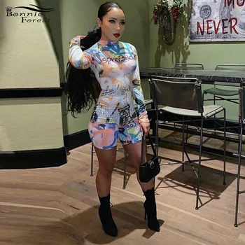 

Bonnie Forest Beautiful Graffiti Print Romper Women Overalls Female Workout Jumpsuit Music Festival Outfits Clubwears Plus Size