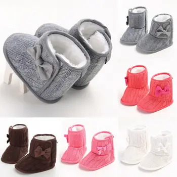 

Newborn Baby Toddler Boys Girls Soft Bowknot Soft Lovely Knitted Anti-Slip Boots Warm Slippers Crib Shoes