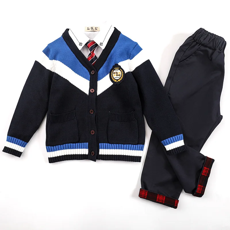 boys black set Осенняя школьная форма в английском стиле, комплекты из 4 предметов, вязаный кардиган+ рубашка+ галстук+ юбка для девочек/штаны для мальчиков, костюмы, детская одежда, От 3 до 18 лет - Цвет: boys black set