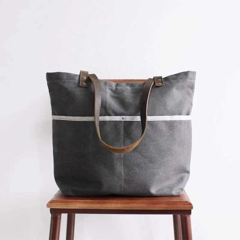 

Original Handmade Dark Grey Large Leather Canvas Tote Handbag for Women Beach Bag Shoulder Bag Leather straps