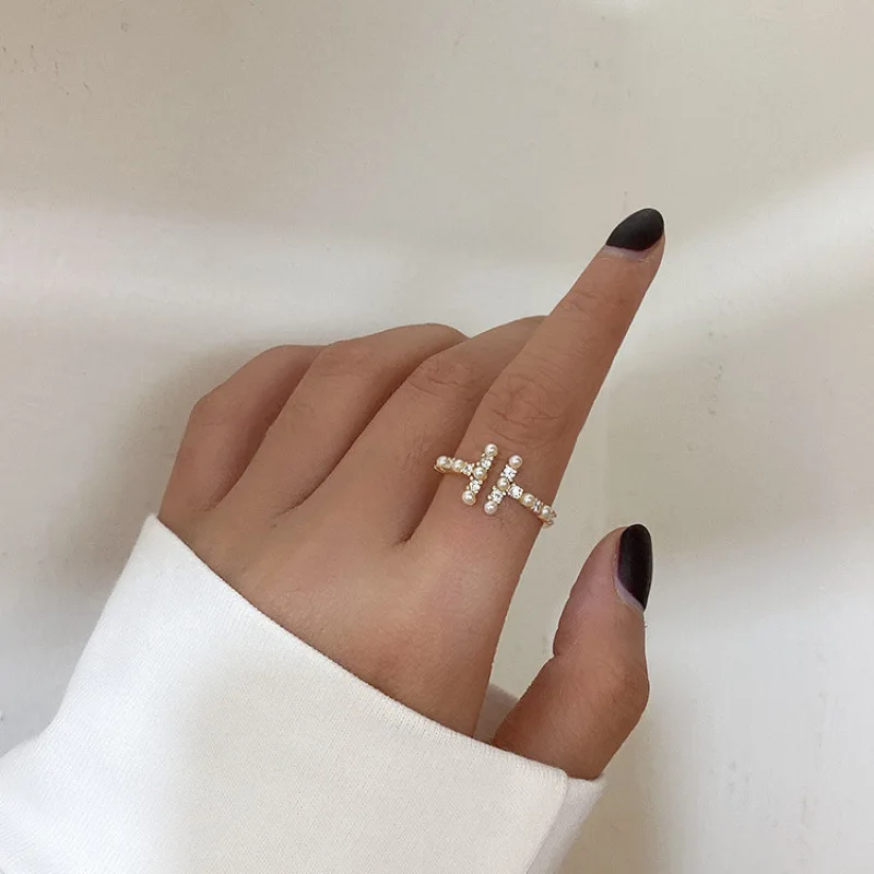 Vintage Simulated Pearl Zircon Geometric Rings Gold Metal Opening for Women Girls Wedding Party Vacation Jewelry Gifts | Украшения и