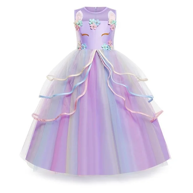 2021 Girls Unicorn Dress Kids Flower Appliques Ball Gown Princess Dresses Elegant Party Costumes Children Clothing Birthday Gift 4
