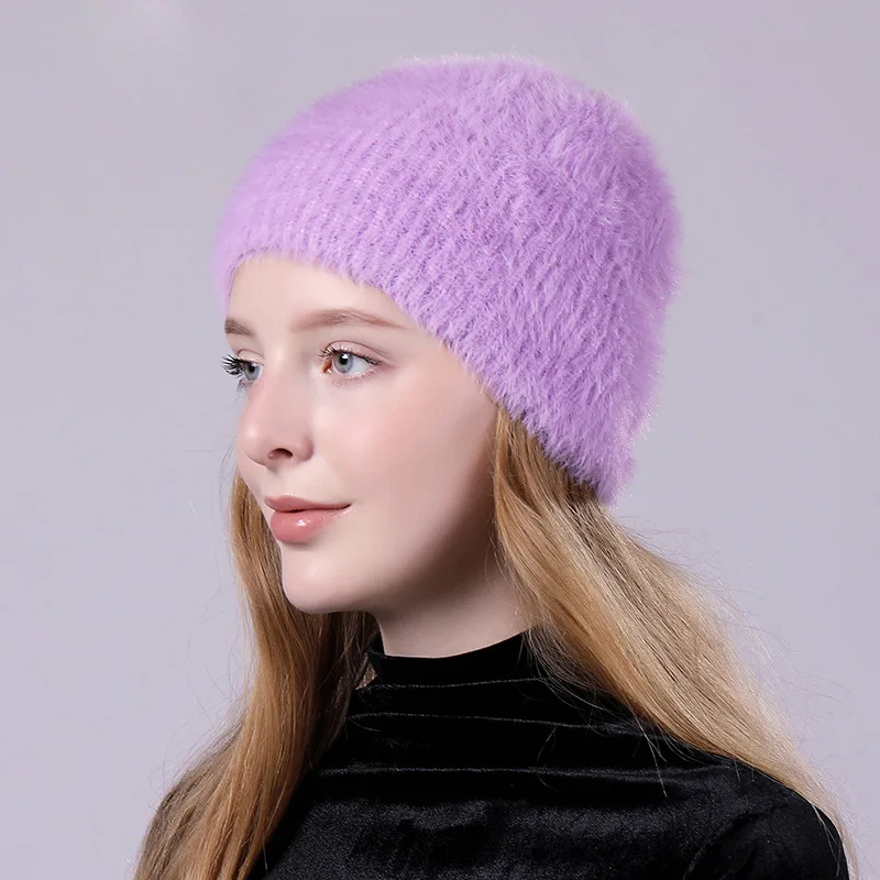 Purple Брендовая женская Шапка-бини из кроличьего меха, зимняя теплая вязаная меховая громоздкая Шапка-бини для женщин, однотонные Мягкие Шапки и шапочки, Прямая поставка - Цвет: Purple