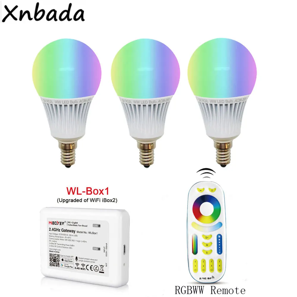 Milight Светодиодная лампа E14 5 Вт RGB+ CCT Светодиодная лампа AC85-265V, беспроводной WL-Box1 светодиодный контроллер, 2,4G беспроводной RGBWW RF пульт дистанционного управления