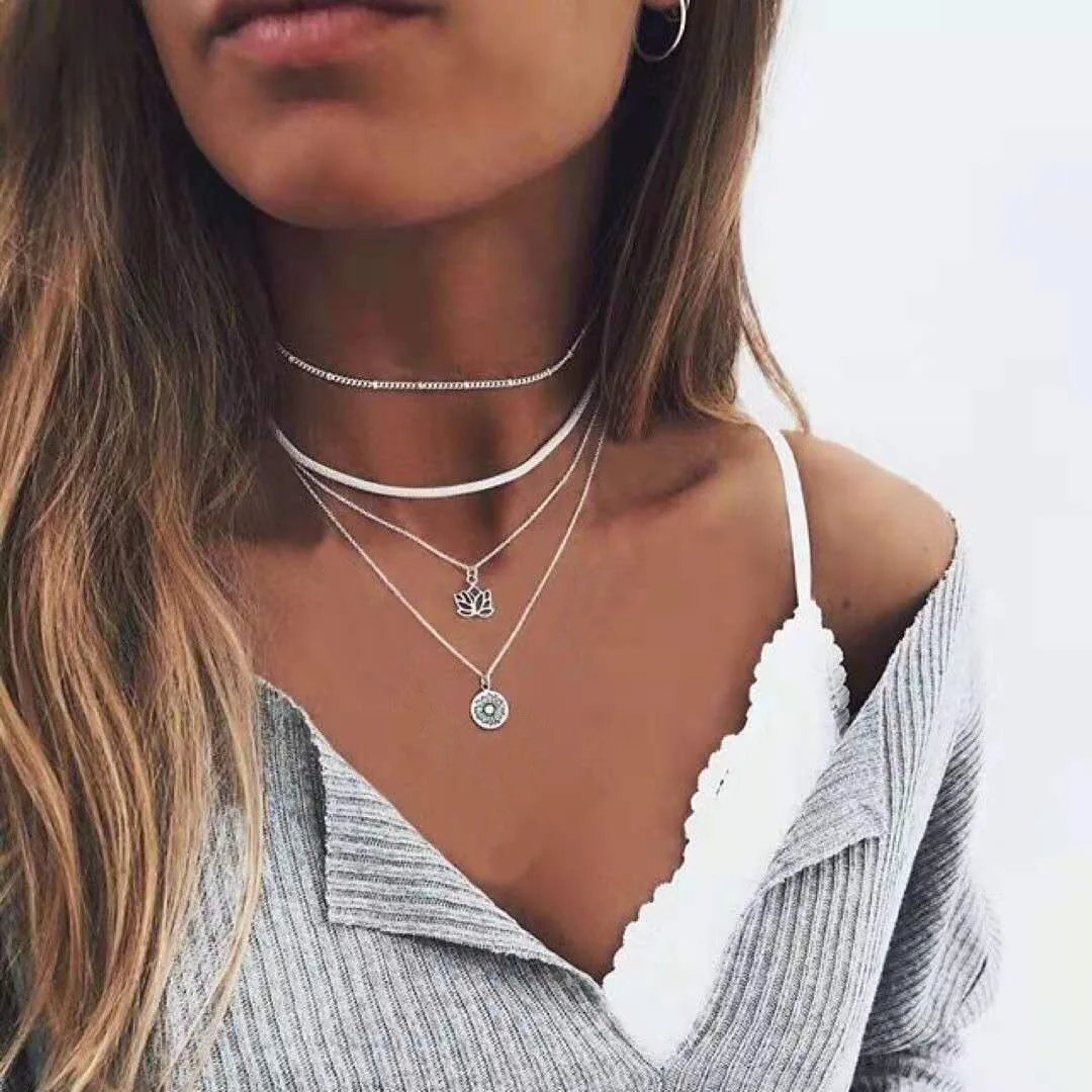 Layered Necklaces for Wome Jewelry Chain Collares Kolye Chains Femme Choker Lotus Pendant Necklace Egirl Personalized | Украшения и