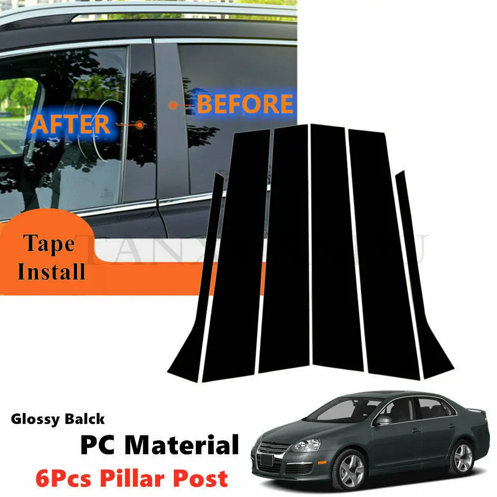 

Decal Cover Gloss Black PC 6Pcs Kit Fit For VW Jetta MK III Saloon 2006-2010 L+R Side Door Window Pillar Posts Trim Piano Black