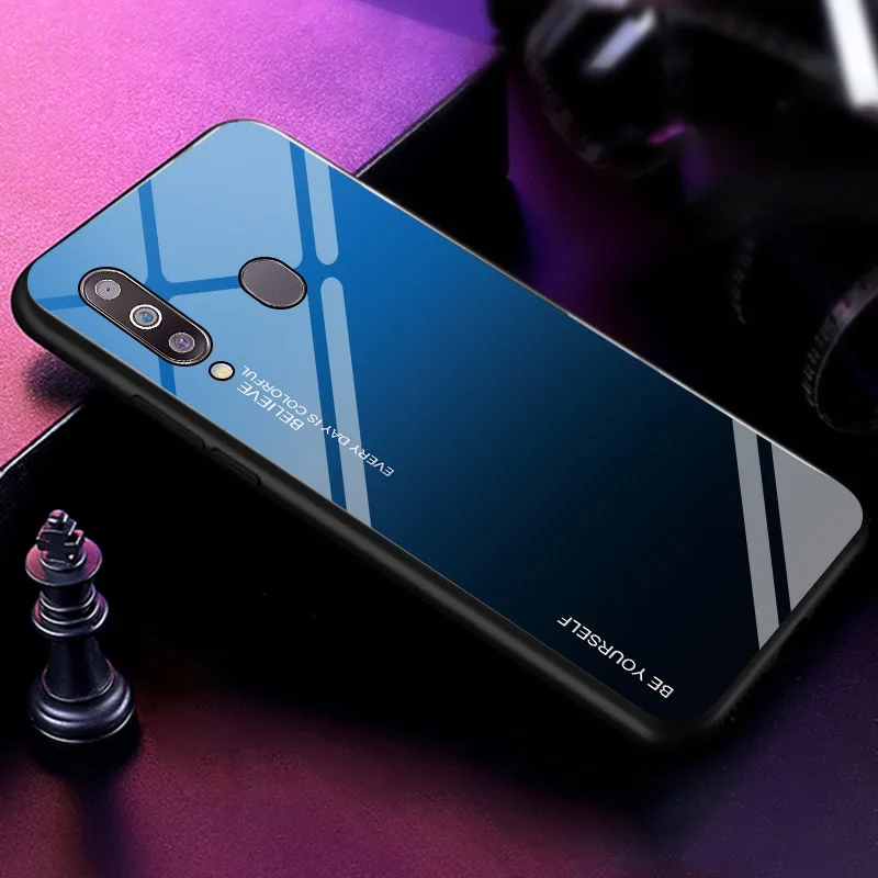 Градиент закаленное Стекло чехол для телефона для samsung Galaxy A10 A20 A20E A30 A40 A50 A70 M20 A6 A8 A7 J4 J6 плюс A9 чехол - Цвет: SBlue