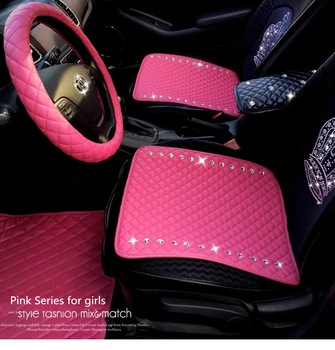 

Pink Leather Car Seat Covers for Girls Women Universal Full Sets Cute Decoration Interior Accessories Crystal 3-Season Cushion