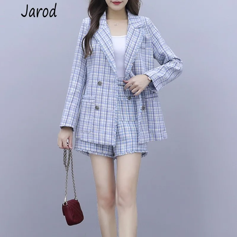 

2019 Autumn Elegant Women Two Piece Set Blue plaid Tweed casual Long Sleeve Tassel double-breasted Jacket coat+short pants Suit