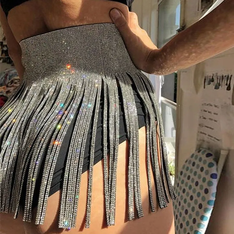 Sexy Women Sequins Tassel Skirts Ladies Sparkly Diamond Rhinestone Skirts High Waist Mini Skirt Gold Silver Black
