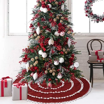 

Christmas Decorations White Ball Ring Linen Tree Skirt Red Pom-Poms Tree Skirt Tree Bottom Dress Atmosphere