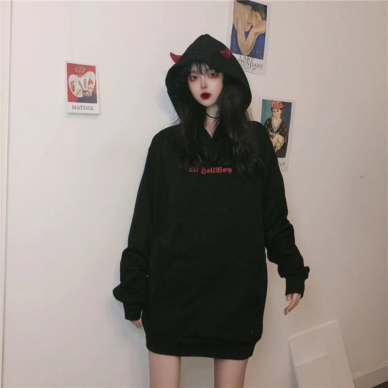 Сезон осень-зима; Для женщин кофты Хай-стрит Harajuku милые толстовки с капюшоном в стиле панк дьявол в готическом стиле Рог шикарный пуловер с капюшоном свитер с капюшоном