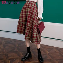 Ретро клетчатые юбки женские с асимметричным подолом с оборками Длинная юбка Леди 2019New корейский патч эластичность высокая талия юбки женские клетчатые юбки