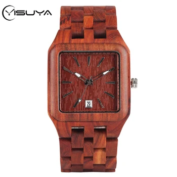 

YISUYA Wood Watch Fashion Red Wooden Full Adjustable Bangle Men's Watches Calendar Quartz Timepieces Male Clock reloj Hombre