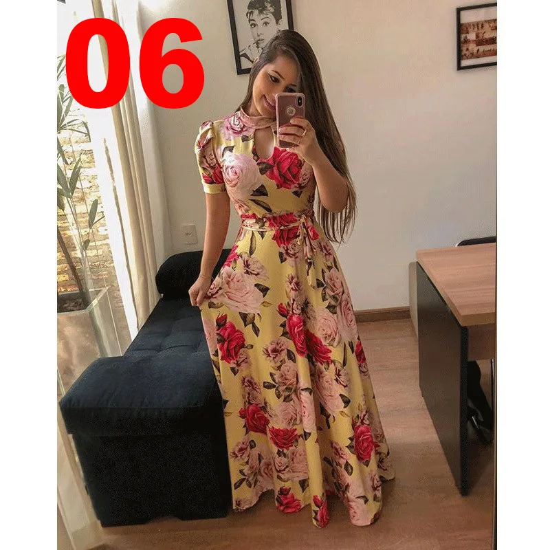 Short Sleeve Yellow Новое богемное длинное платье с принтом большое женское платье Элегантное повседневное шифоновое длинное платье с цветочным принтом высокого качества - Цвет: Short Sleeve Yellow