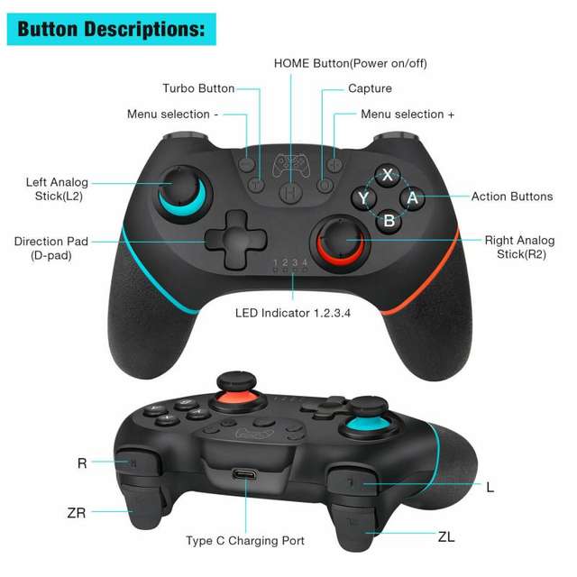 Wireless Bluetooth Gamepad Controller with 6-Axis Handle for Switch Pro NS-Switch Pro