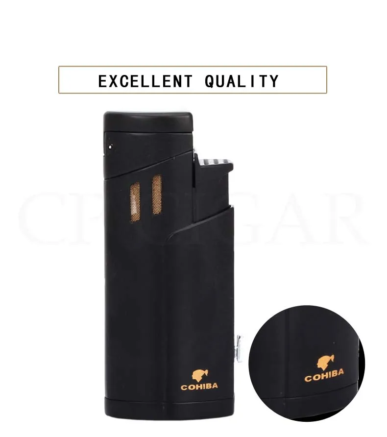 COHIBA металлическая ветрозащитная Зажигалка для сигар 3 струйный фонарь карманные Зажигалки газовая Портативная Бутановая Зажигалка для сигарет аксессуары для сигар