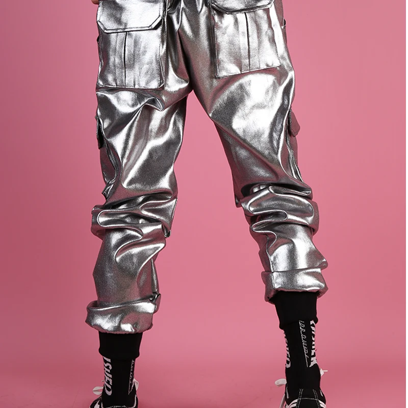 M-6XL!Men's silver-coated pocket cargo pants threaded leg nightclub hipster singer stage show pants