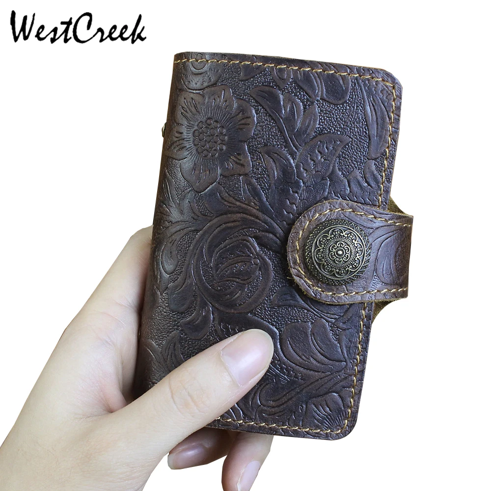 Westcreek Brand Handmade Genuine Leather Vintage Floral Hasp Men Credit