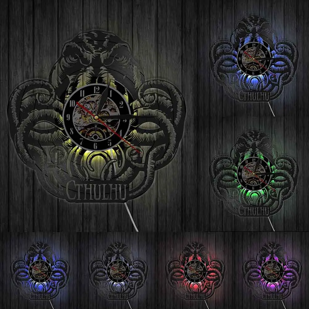 With LED Мультяшный осьминог Кальмар Cthulhu настенный арт Виниловая пластинка часы Eldritch идолы настенные часы Cthulhu Deity mytuns домашний Декор настенный светильник - Цвет абажура: With LED