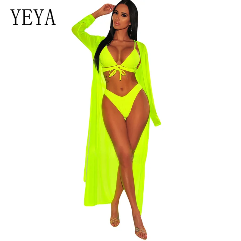 

YEYA Women Three Pieces Sets Sexy Long Bikini Beach Cover Up Summer Swimwear Cardigan Bathing Swim Suit Cover Up Beach Bodysuits