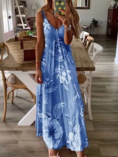 de verano para mujer 2019 Vestido largo playa Floral con estampado de flores azules sin mangas con Tirantes finos ajustables|Vestidos| - AliExpress