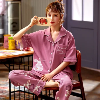 

Plus Size 3XL 4XL Sleepwear for Women Short Sleeve Women Cotton Pajamas Set soft Summer Autumn Print LooseTracksuit Homewear Set