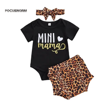 

FOCUSNORM 0-18M Infant Girls Boys Clothes Sets 3PCS Letter Short Sleeve Romper Tops Leopard Shorts Headband