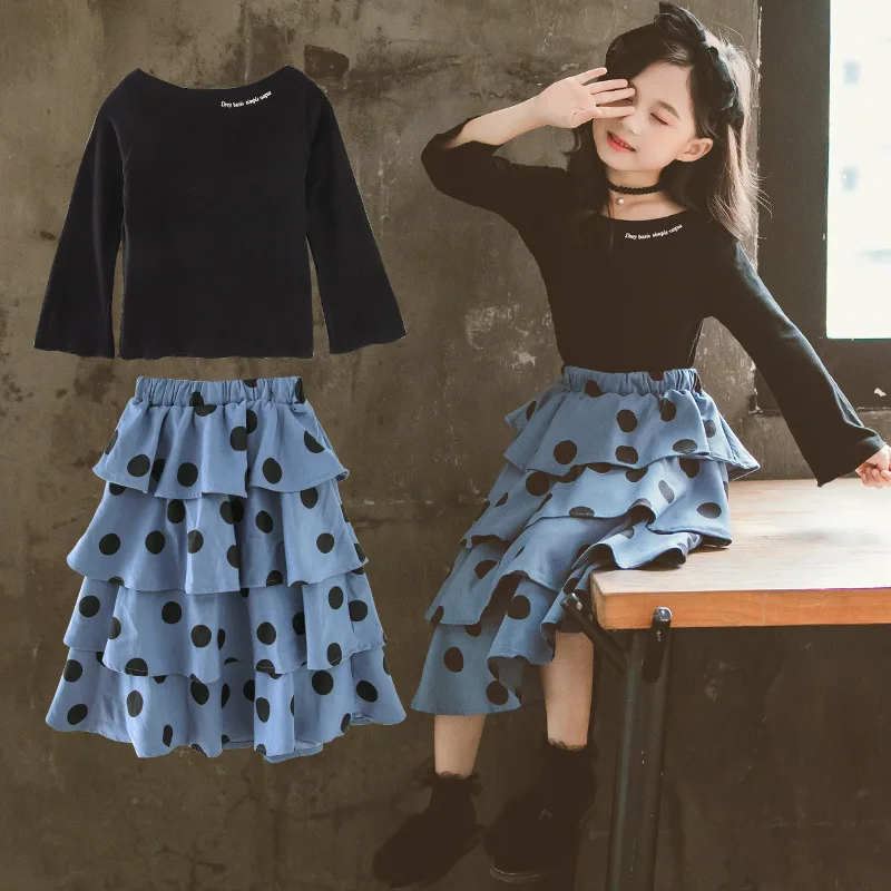 

4- 12 Year Girls Clothing Sets Spring 2019 Children T-shirt + Layered Skirt Teenage Kids Girls Long-sleeved Clothes 2pcs Outfit