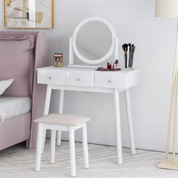 

White Dressing Table Set With Mirror And Stool Girls Makeup Desk Dresser With 3 Drawers Bedroom
