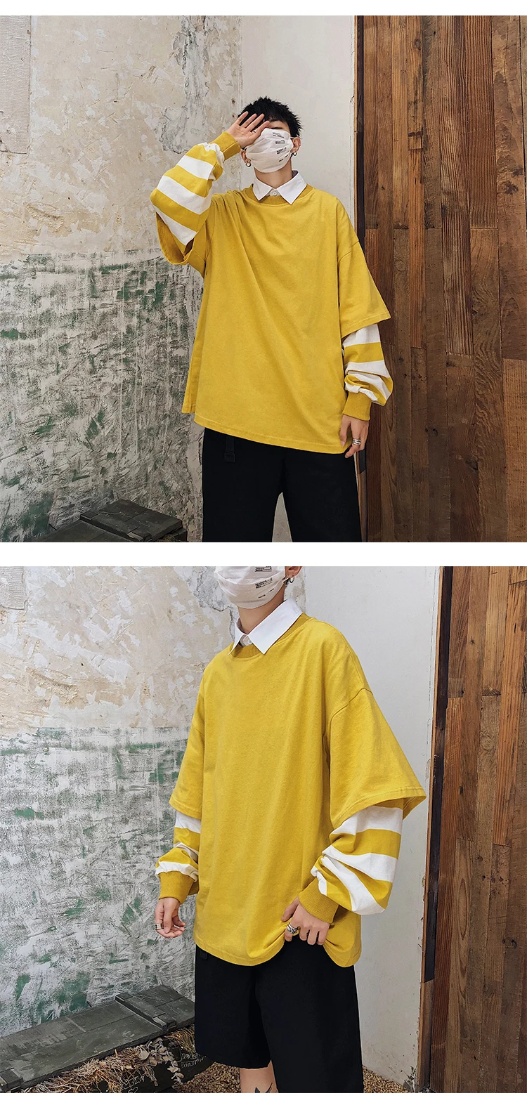 Autumn/winter new slim solid color patchwork long-sleeved sweatshirt loose casual round collar personality youth men's wear