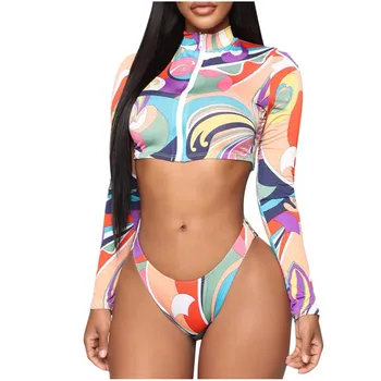 

Swimsuit 2020summer Women's Print Long Sleeve Zip Print Swimwear Beachwear Bikini Maillot De Bain #40
