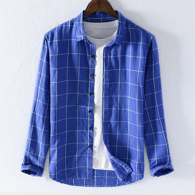 Cotton and linen plaid shirts men brand spring autumn long sleeve blue shirt mens casual fashion shirts male tops chemise camisa