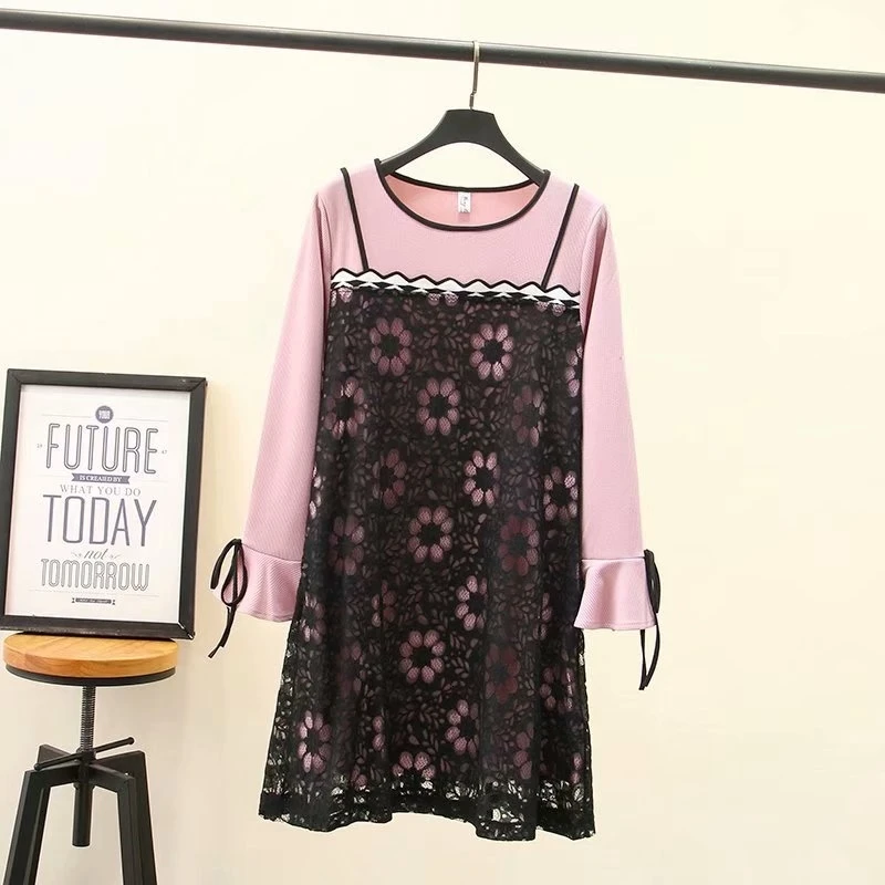 

Plus Size Vrouwen Kant Bloemenprint Jurk Lange Mouwen Ruches Elegant Casual Party Mini Jurken
